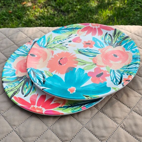 Nicole Miller Floral Melamine 11" Dinner Plate Pair Turquoise, Orange EUC - Picture 9 of 11